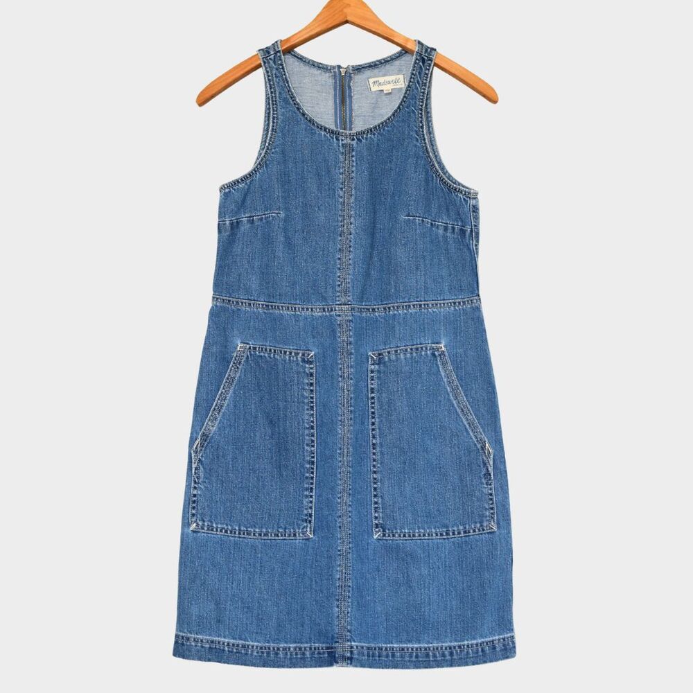 Madewell Blue Denim Utility Shift Apron Mini Dress Pockets Womens Size XS - Picture 2 of 9